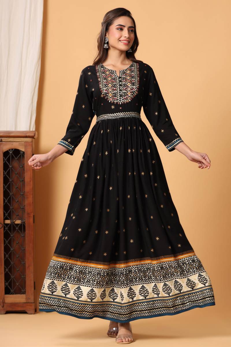 Black A-line Gown with Yolk Embroidery